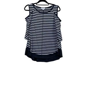 Umgee Blouse Top Striped White Black Sleeve Cold Shoulder Size L